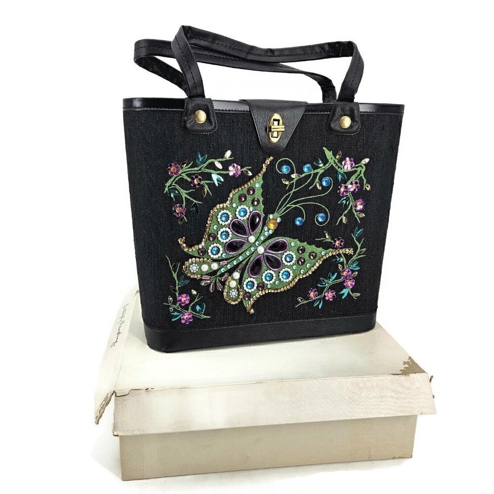 Vintage Jeweled Beaded Sequins Butterfly Handbag Purse Floral Unused